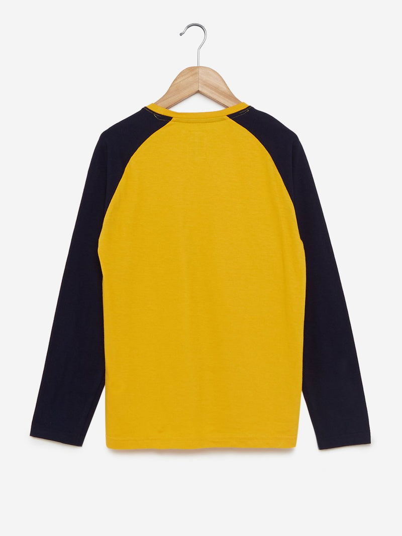 Y&F Kids Mustard Text Printed Cotton T-Shirt