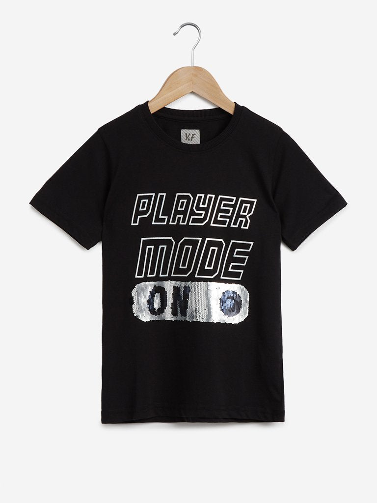 Y&F Kids Black Text Patterned Cotton T-Shirt