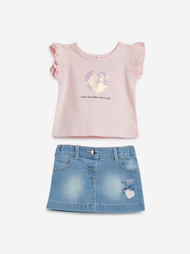Baby HOP Light Pink T-Shirt And Denim Skirt Set