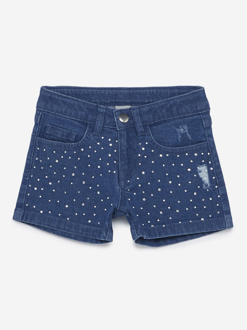 HOP Kids Blue Rhinestone-Detailed Denim Shorts