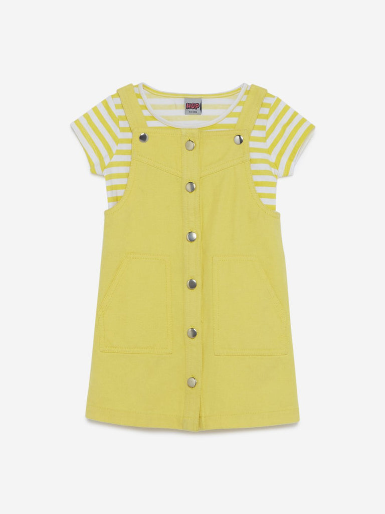 HOP Kids Yellow Striped T-Shirt With Pinafore