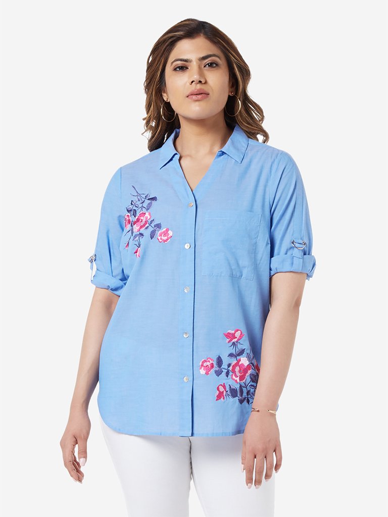 Gia Curve Blue Embroidered Bridget Casual Shirt