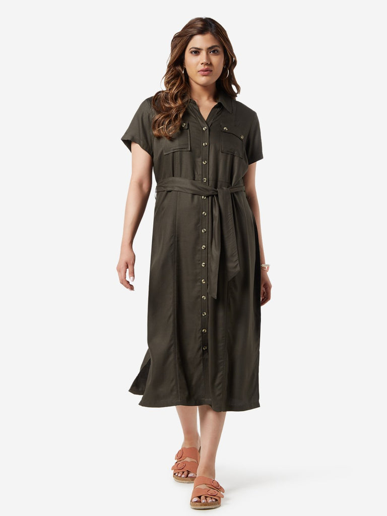 Gia Curve Olive Shirtdress With Belt