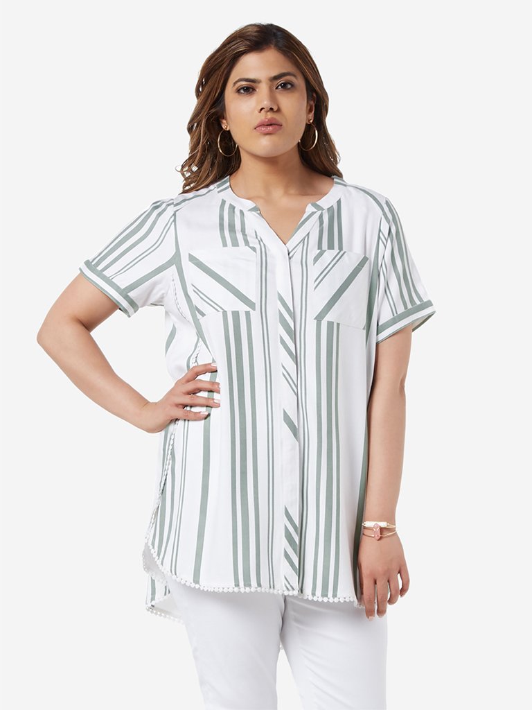 Gia Curve White Striped High-Low Tunic