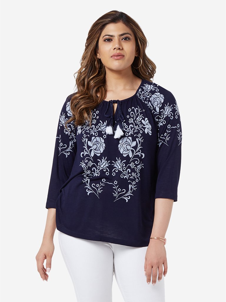 Gia Curve Navy Floral Patterned Ashley Top