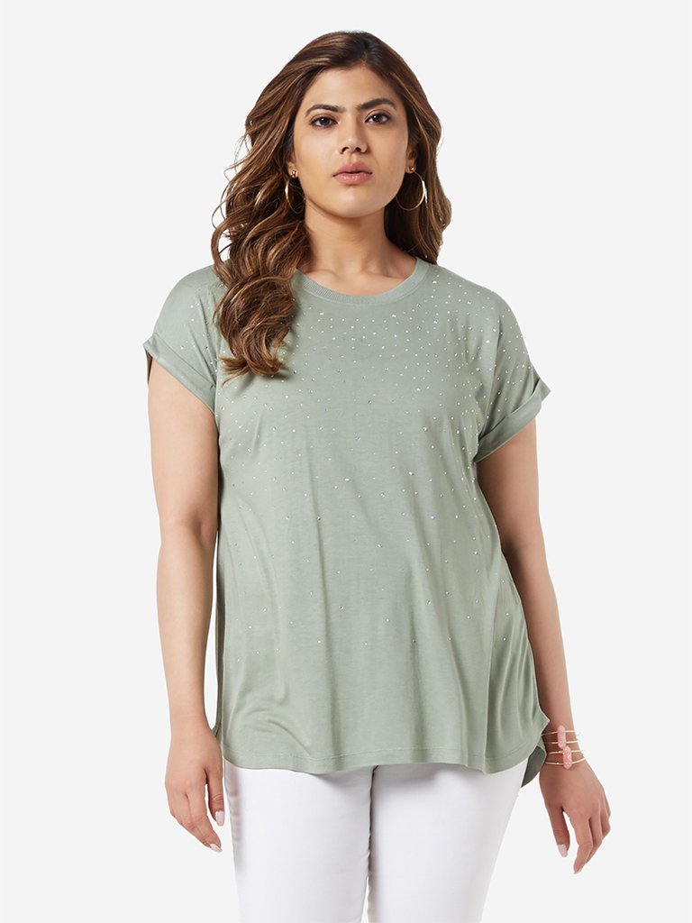 Gia Curve Sage Green Rhinestone Detailed Top