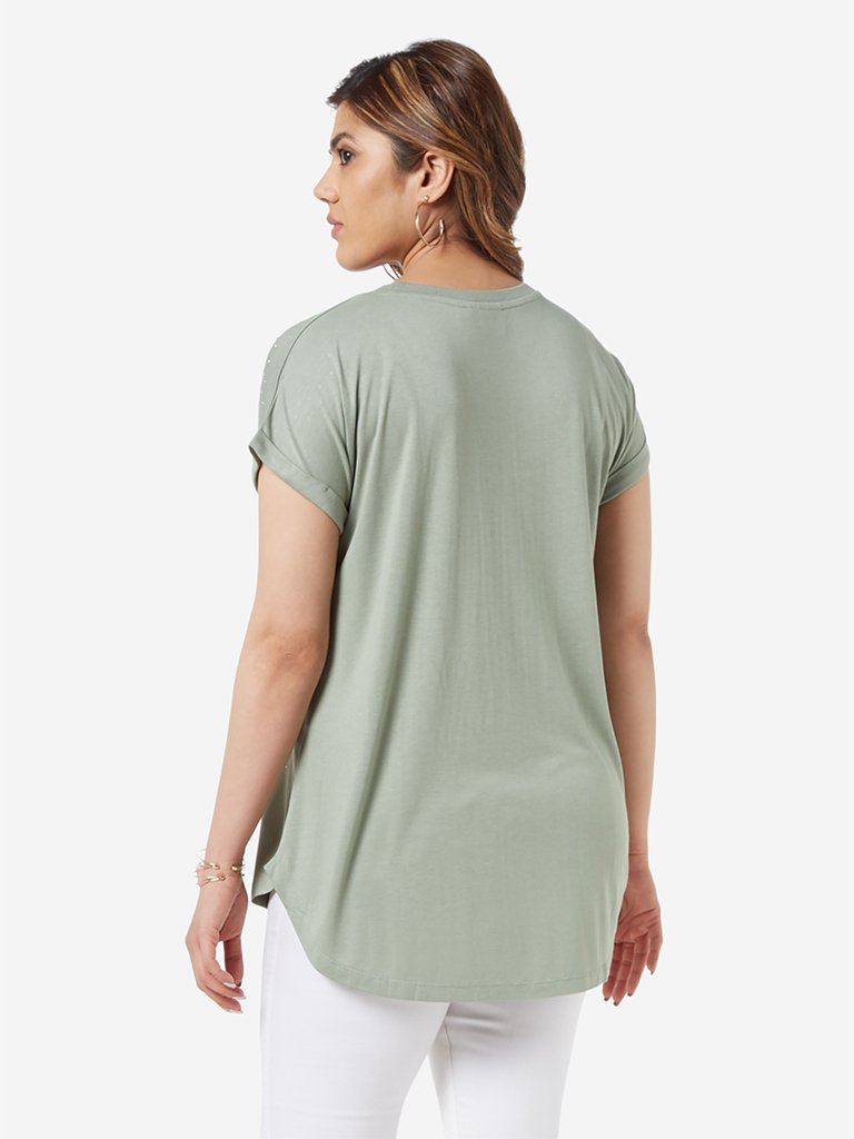 Gia Curve Sage Green Rhinestone Detailed Top