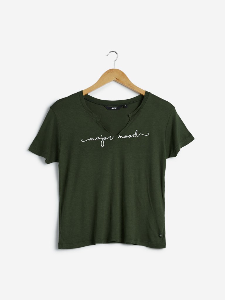 Nuon Khaki Text Printed T-Shirt