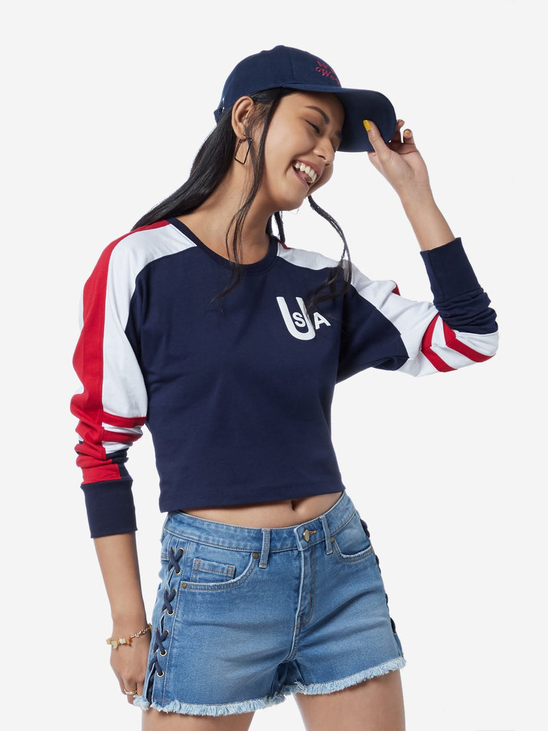 Nuon Navy Colour-Block Nick Cropped T-Shirt