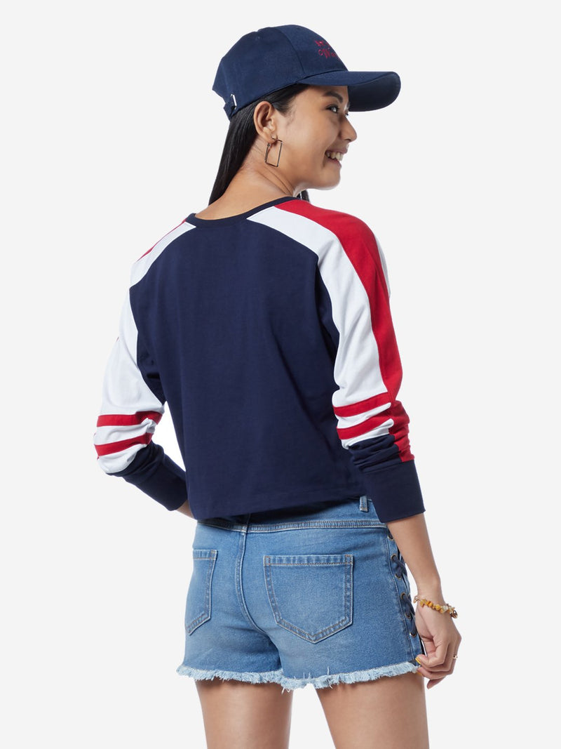 Nuon Navy Colour-Block Nick Cropped T-Shirt