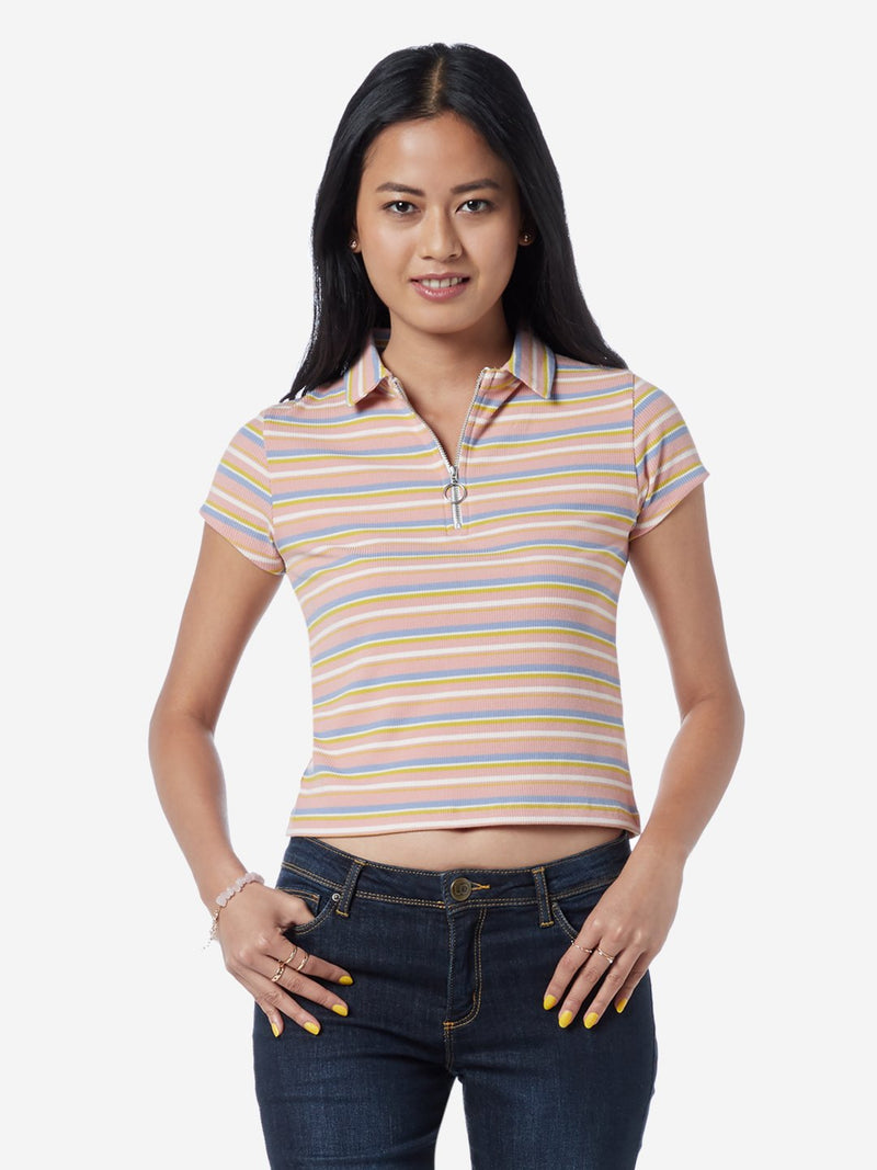 Nuon Pink Striped Adder Cropped Polo T-Shirt