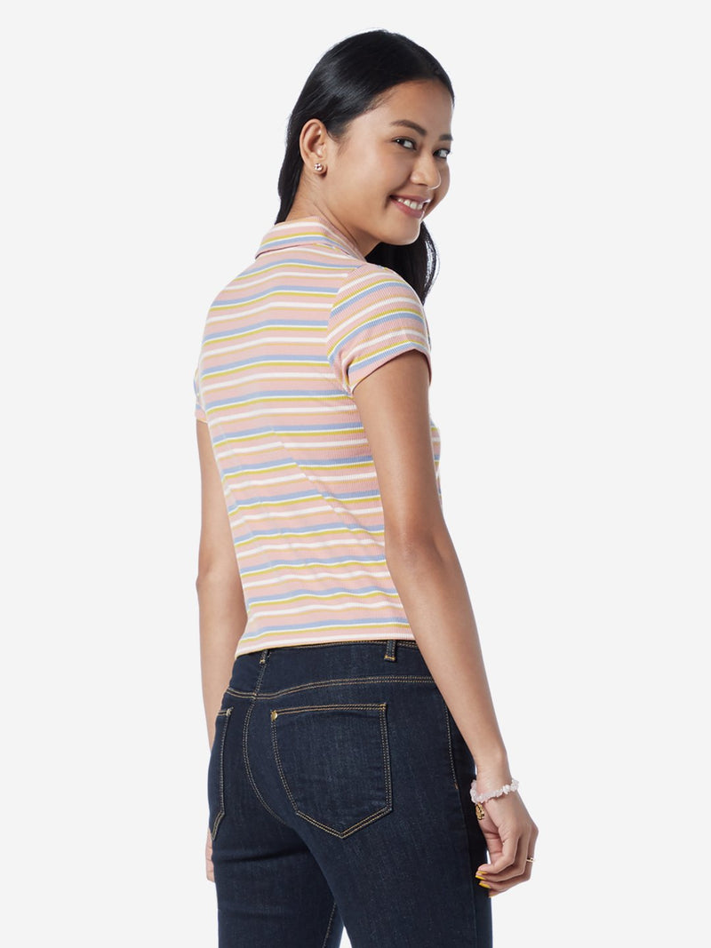 Nuon Pink Striped Adder Cropped Polo T-Shirt