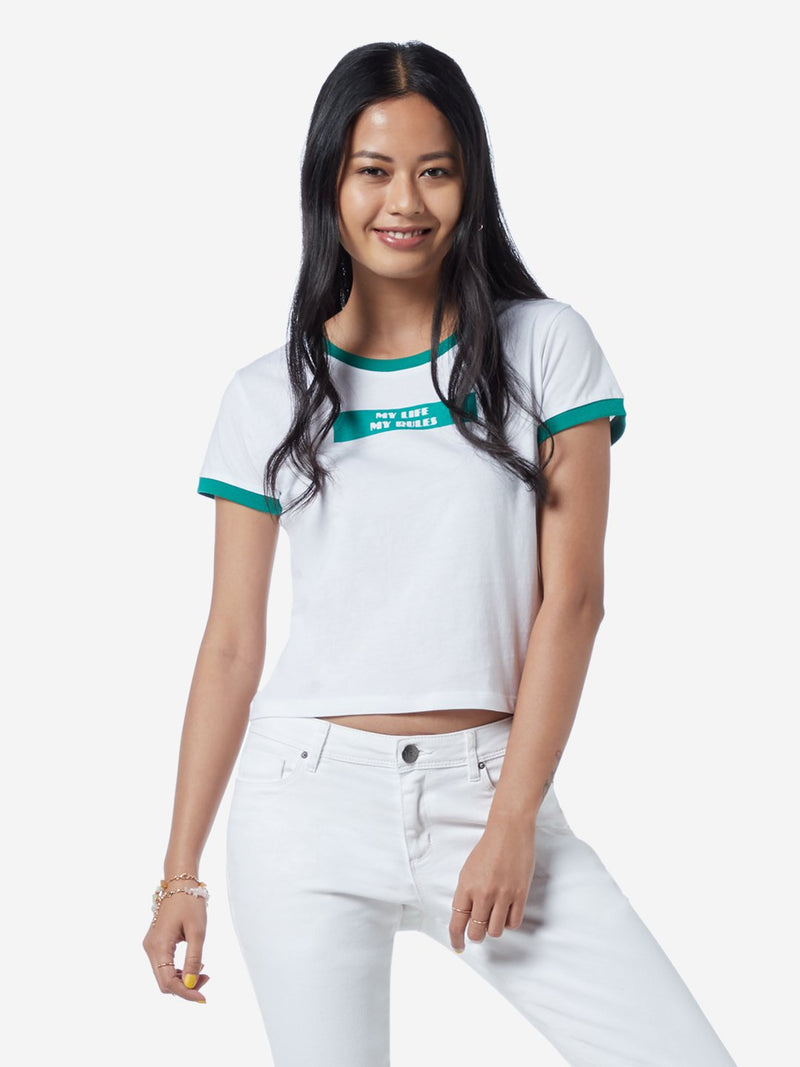 Nuon White Text Pattern Cropped T-Shirt
