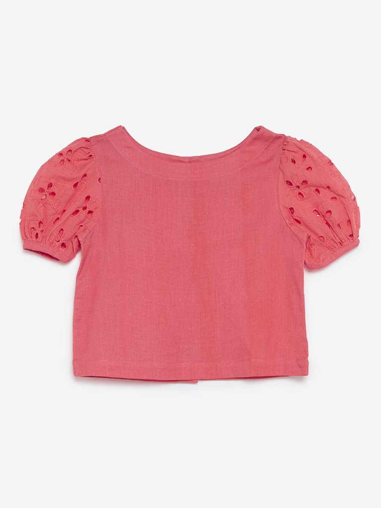Utsa Kids Coral Broderie Anglaise Puffed Sleeves