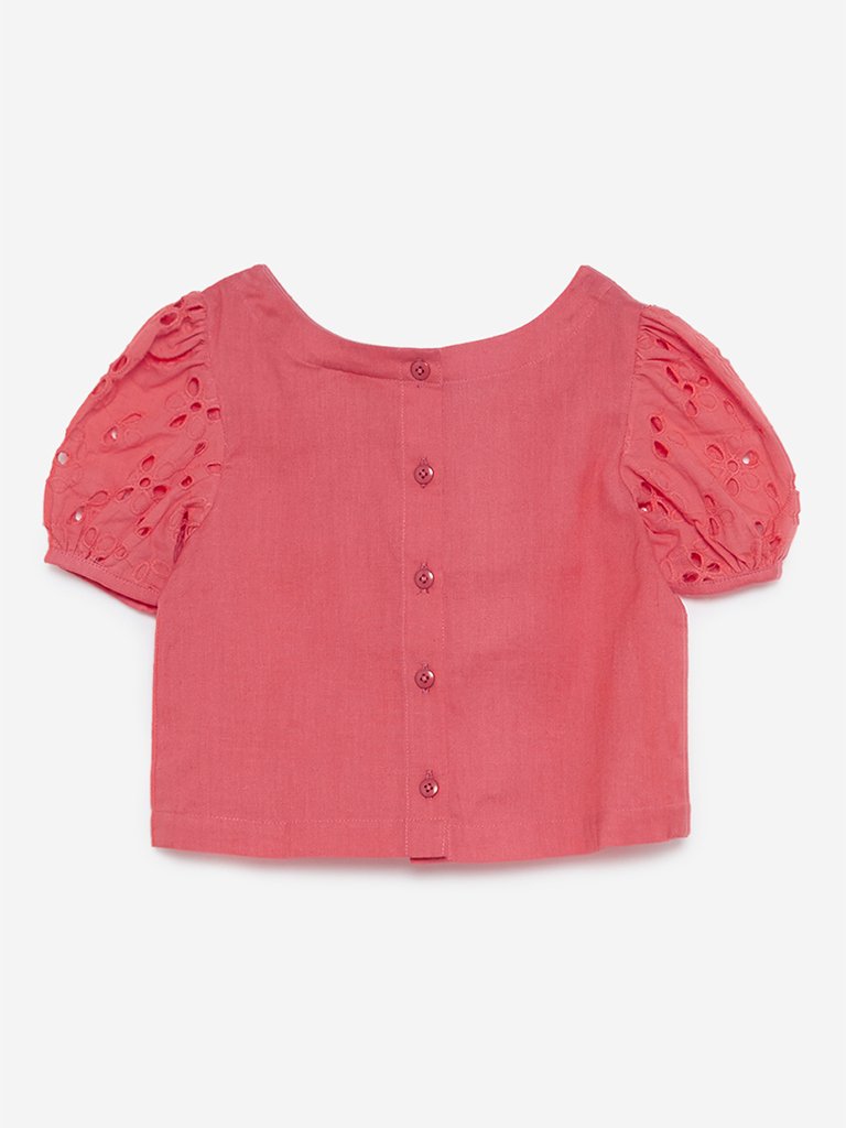 Utsa Kids Coral Broderie Anglaise Puffed Sleeves