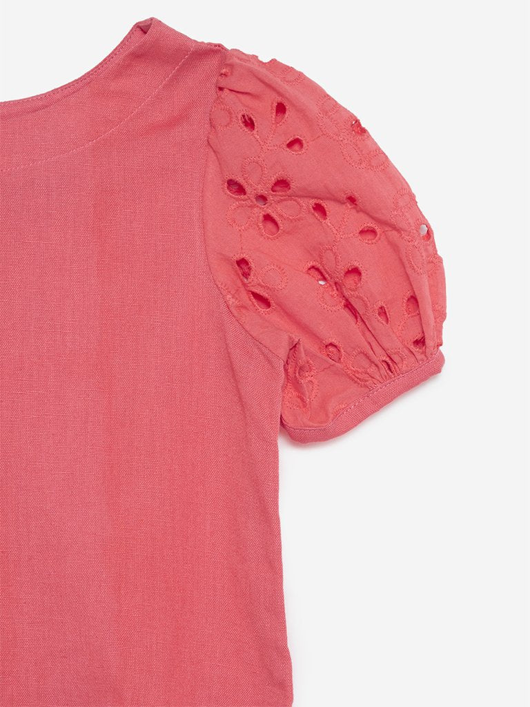 Utsa Kids Coral Broderie Anglaise Puffed Sleeves