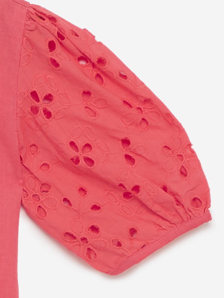 Utsa Kids Coral Broderie Anglaise Puffed Sleeves Top