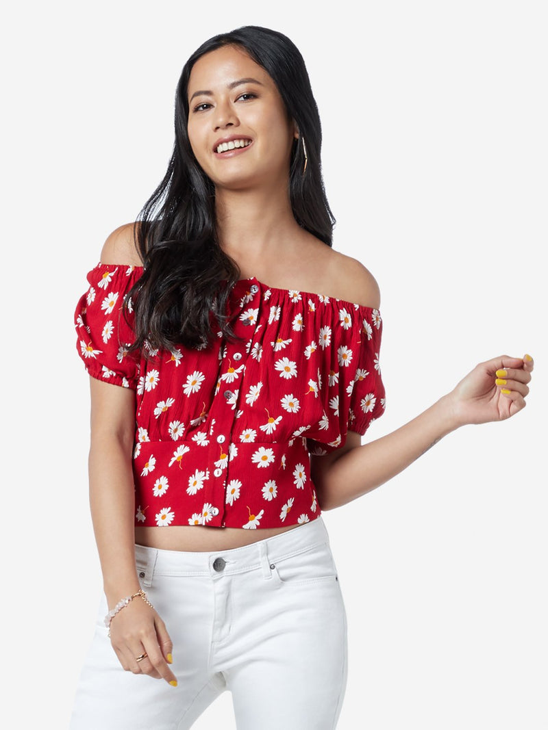 Nuon Red Bubble Floral Pattern Crop-Top