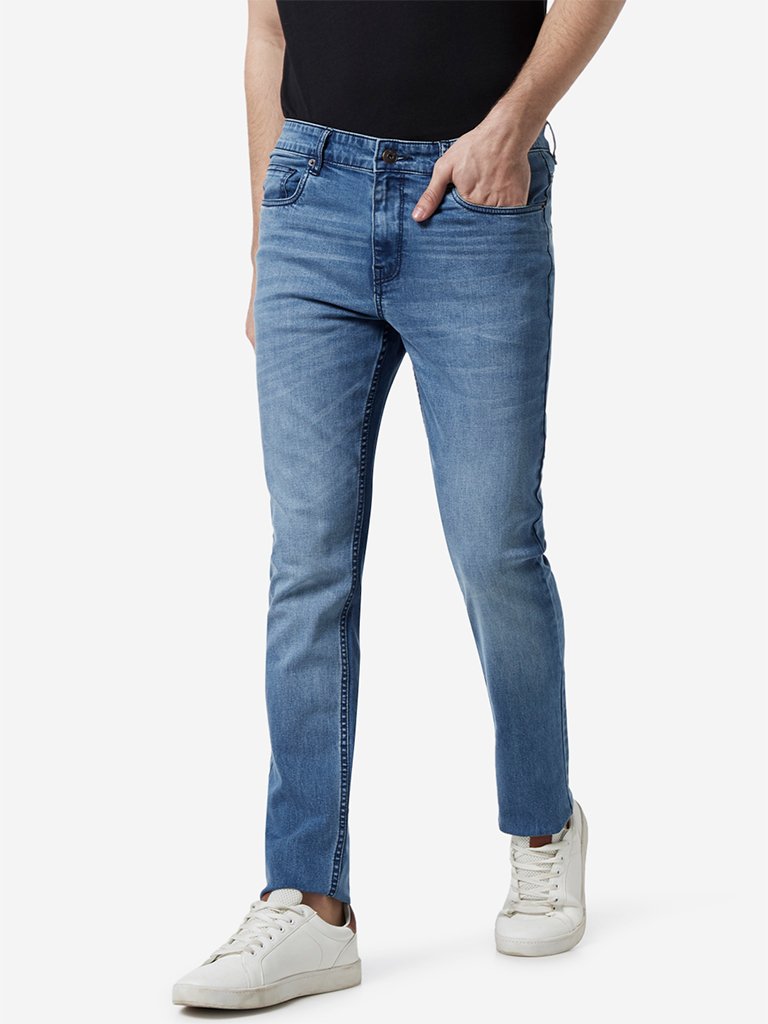 WES Casuals Blue Whiskered Slim Fit Jeans