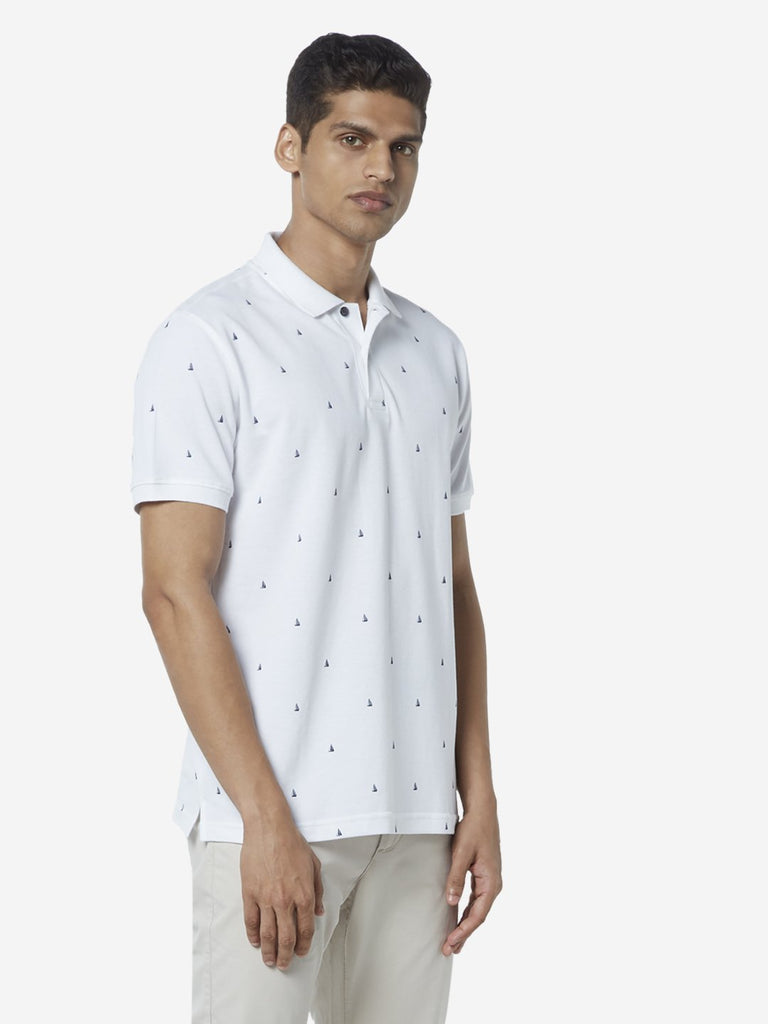 WES Casuals White Printed Slim Fit Polo T-Shirt