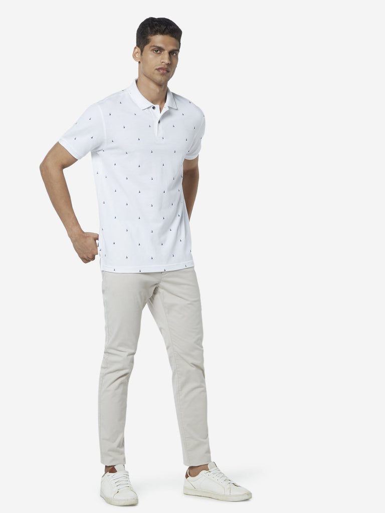 WES Casuals White Printed Slim Fit Polo T-Shirt