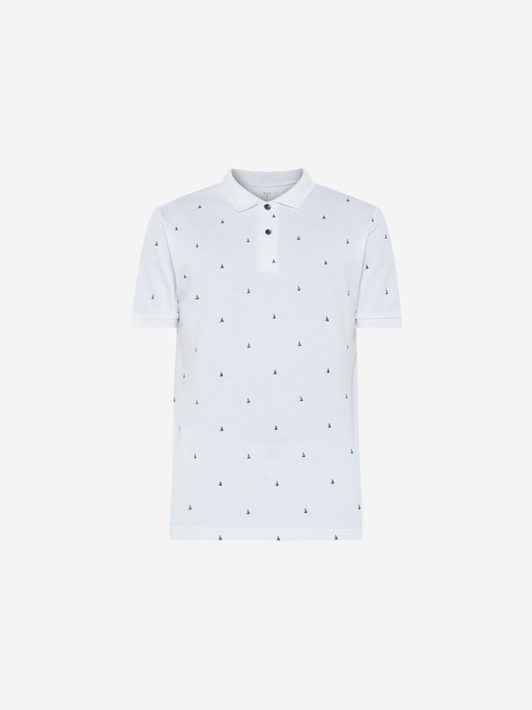 WES Casuals White Printed Slim Fit Polo T-Shirt