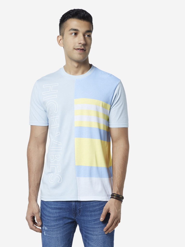 Nuon Light Blue Text Printed Slim Fit T Shirt
