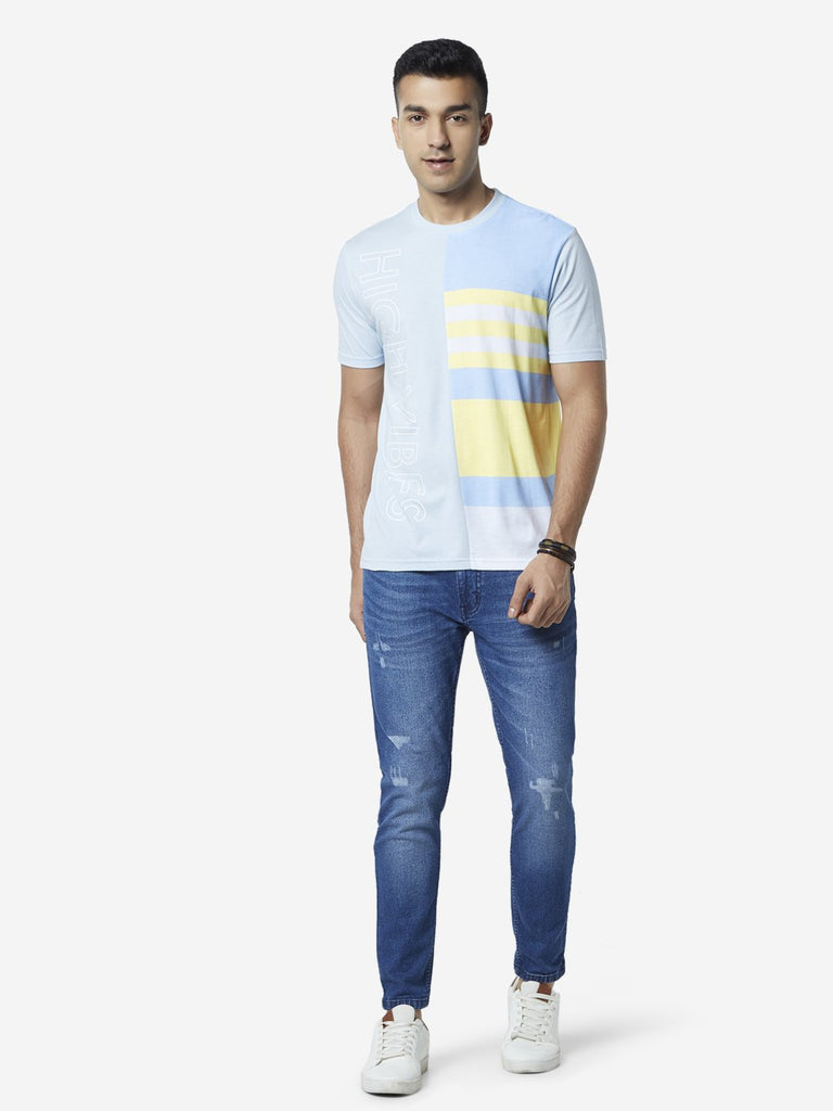 Nuon Light Blue Text Printed Slim Fit T Shirt