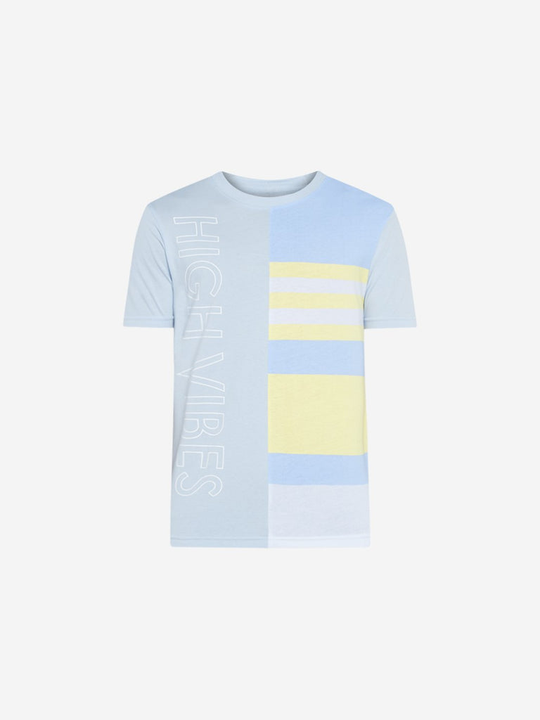 Nuon Light Blue Text Printed Slim Fit T Shirt