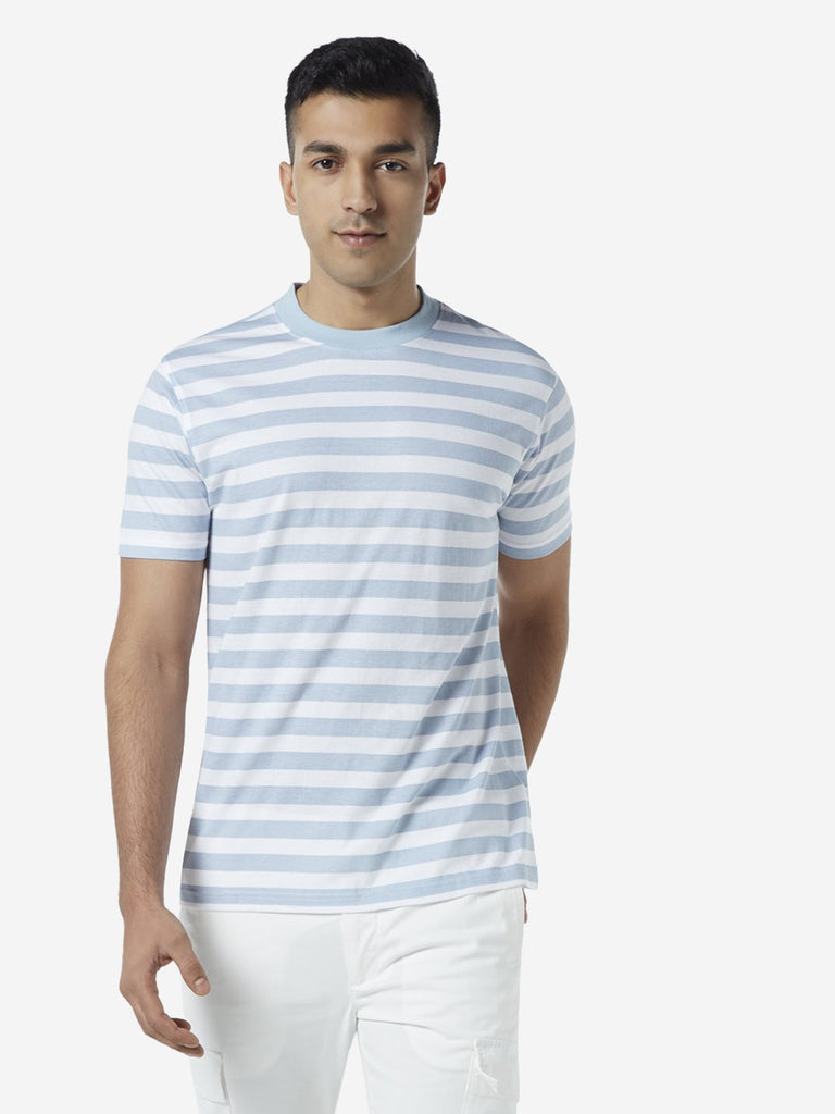 Nuon Light Blue Striped Slim Fit T Shirt