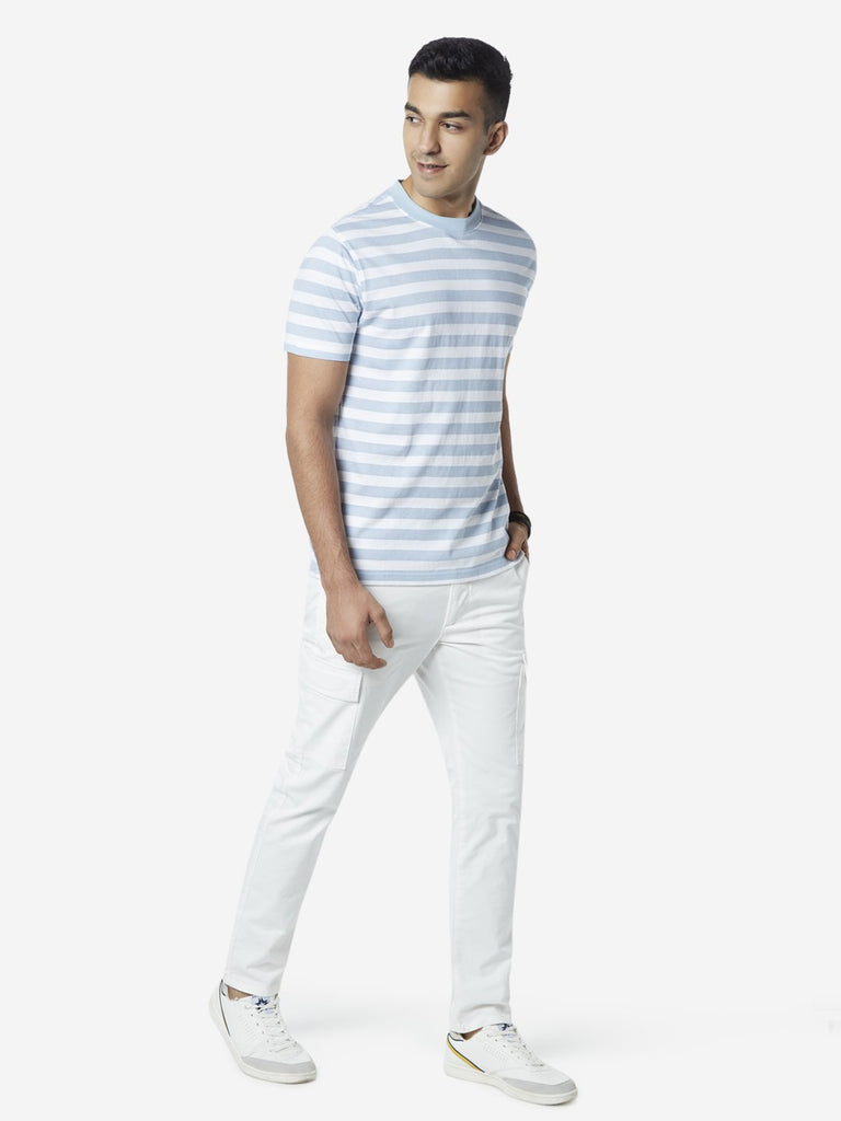 Nuon Light Blue Striped Slim Fit T Shirt