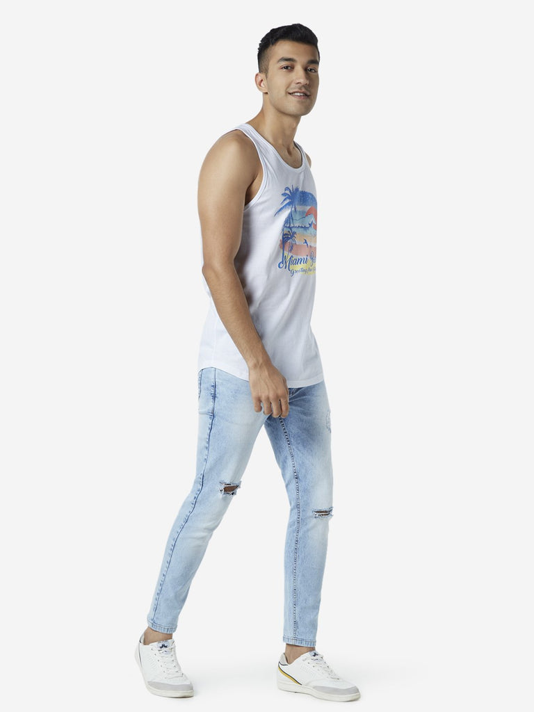 Nuon White Printed Slim Fit Tank T-Shirt
