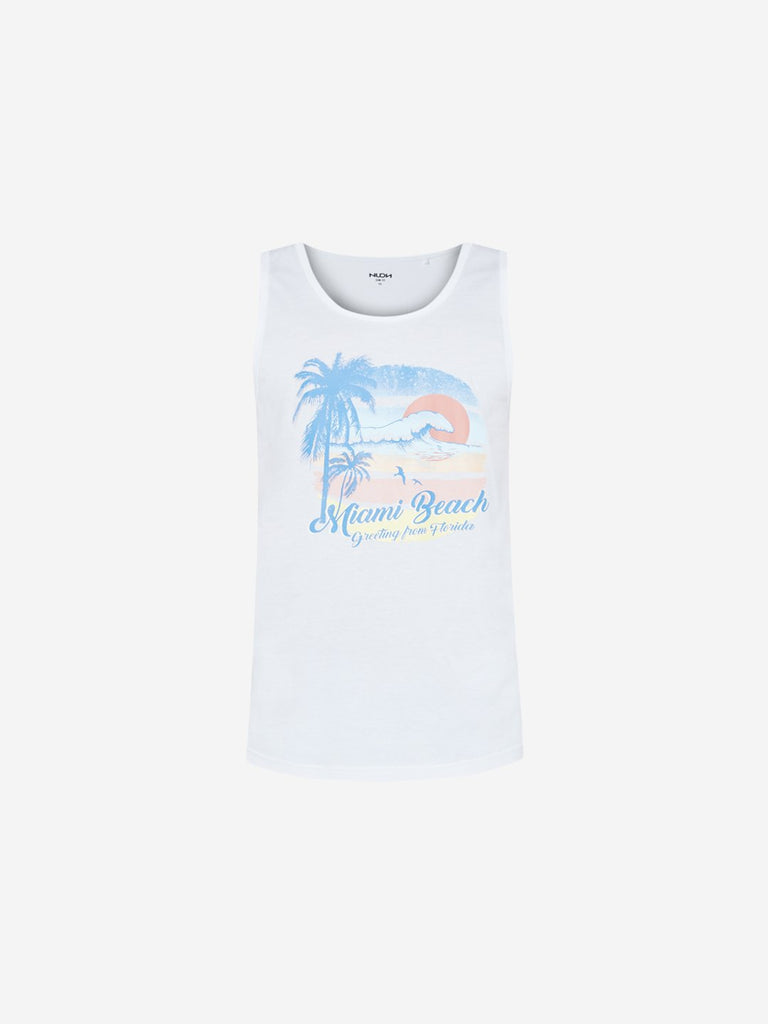 Nuon White Printed Slim Fit Tank T-Shirt