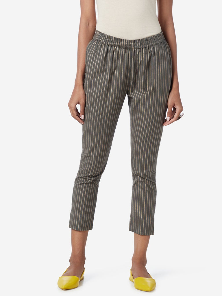 Utsa Grey Striped Cropped Ethnic Pants