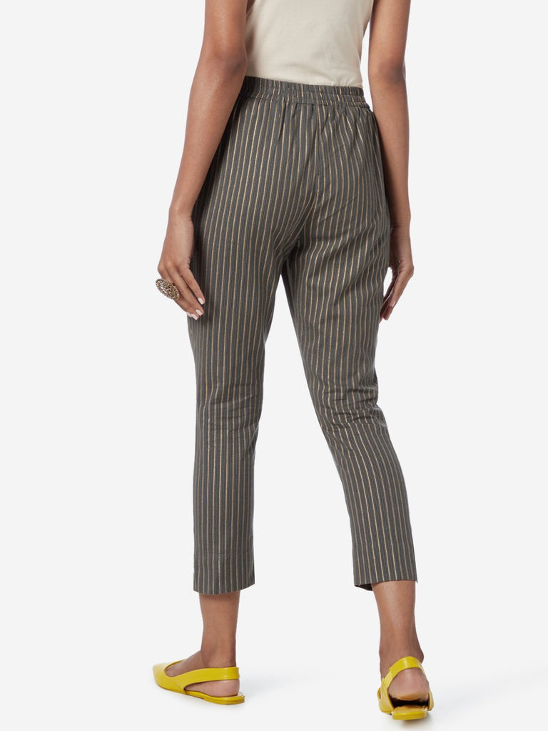 Utsa Grey Striped Cropped Ethnic Pants