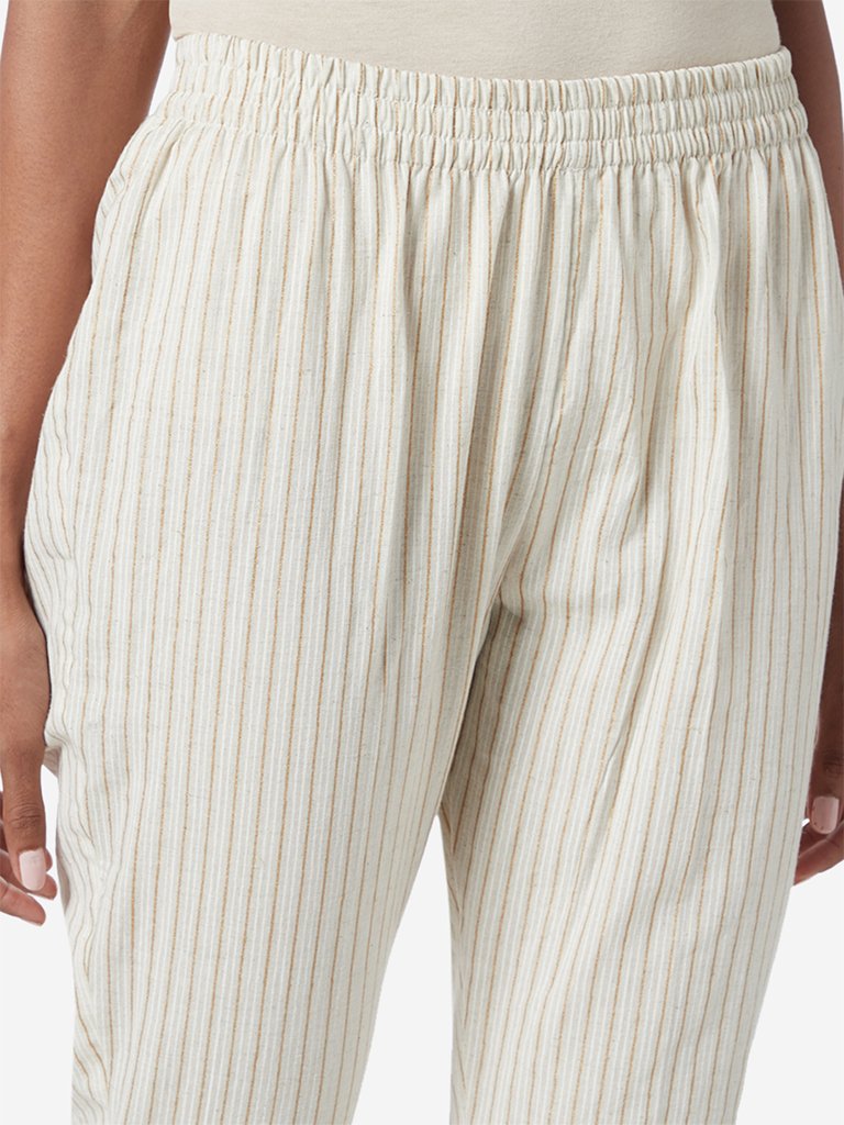 Utsa Off White Striped Cropped Ethnic Pants