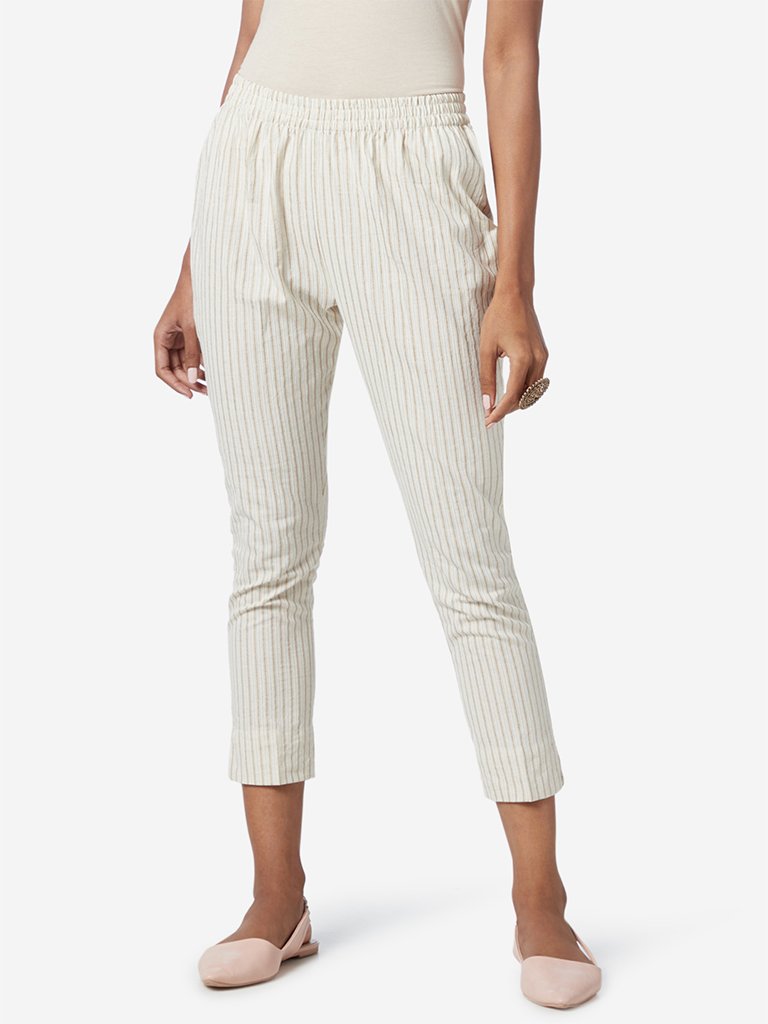 Utsa Off White Striped Cropped Ethnic Pants