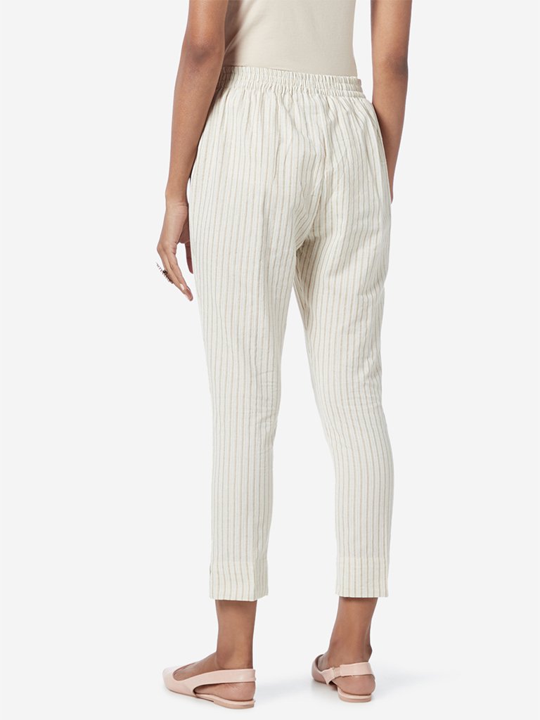 Utsa Off White Striped Cropped Ethnic Pants