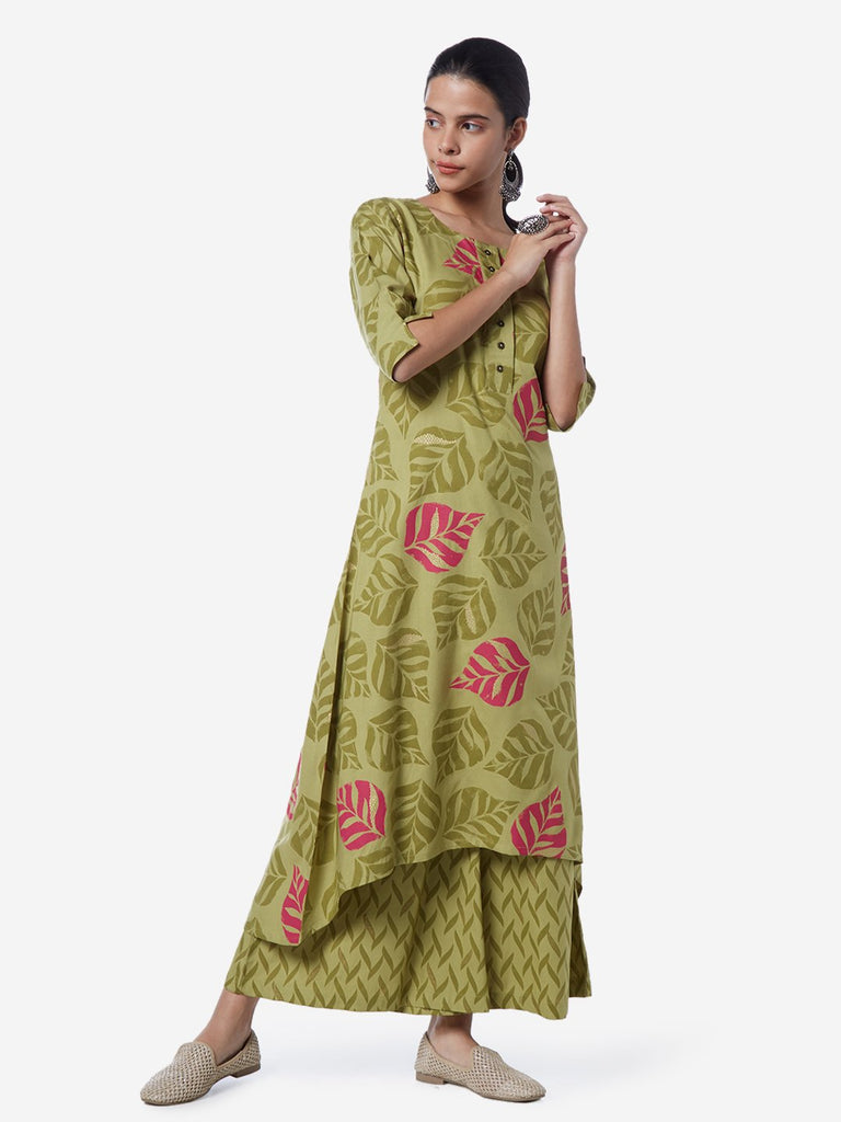 Utsa Sage Green Leaf Print Flared Palazzos