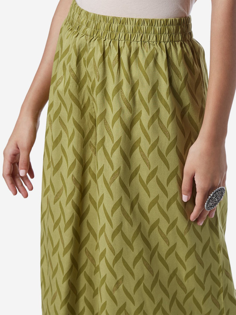 Utsa Sage Green Leaf Print Flared Palazzos