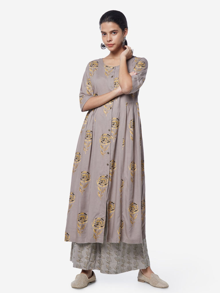 Utsa Grey Floral Patterned Flared Palazzos