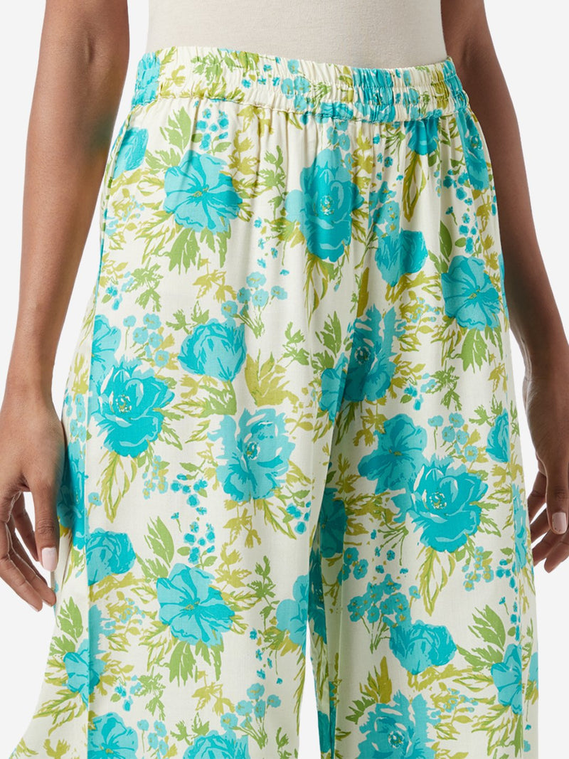 Utsa Turquoise Floral Patterned Palazzos