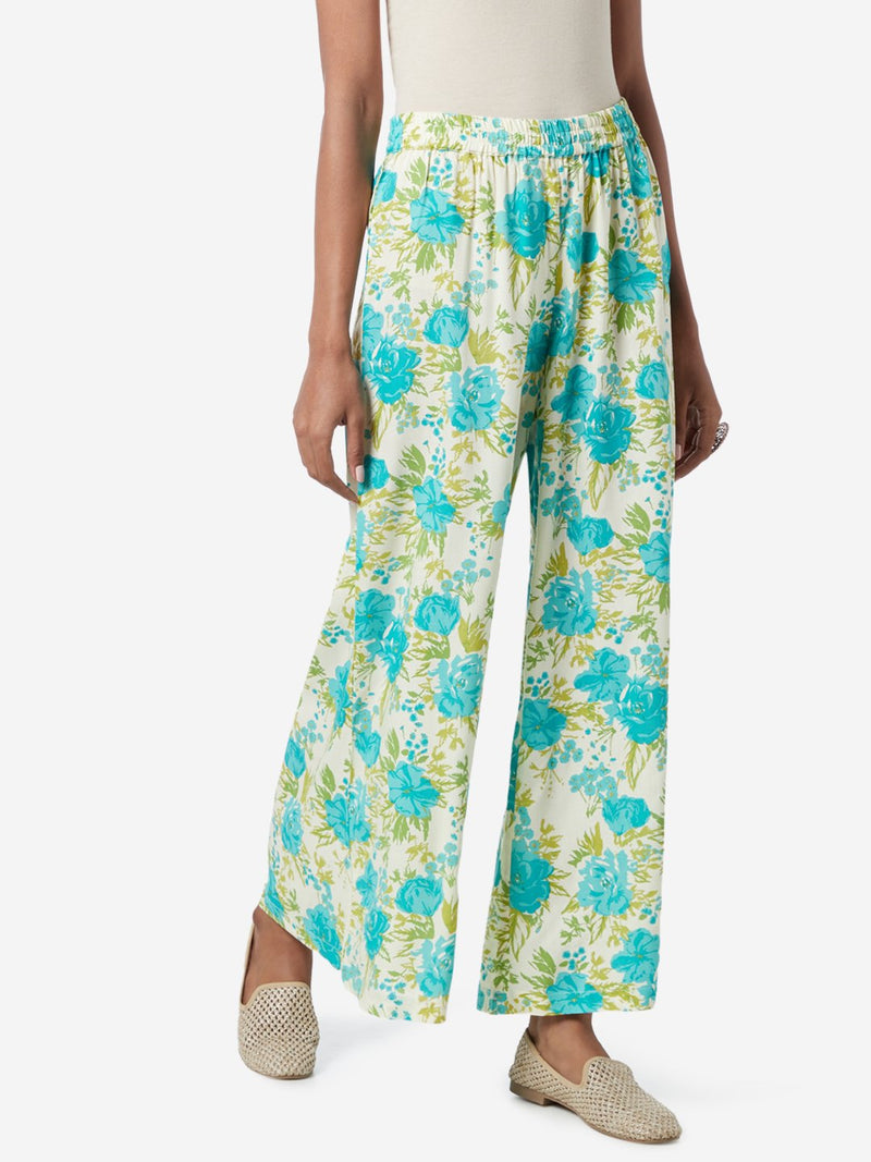 Utsa Turquoise Floral Patterned Palazzos