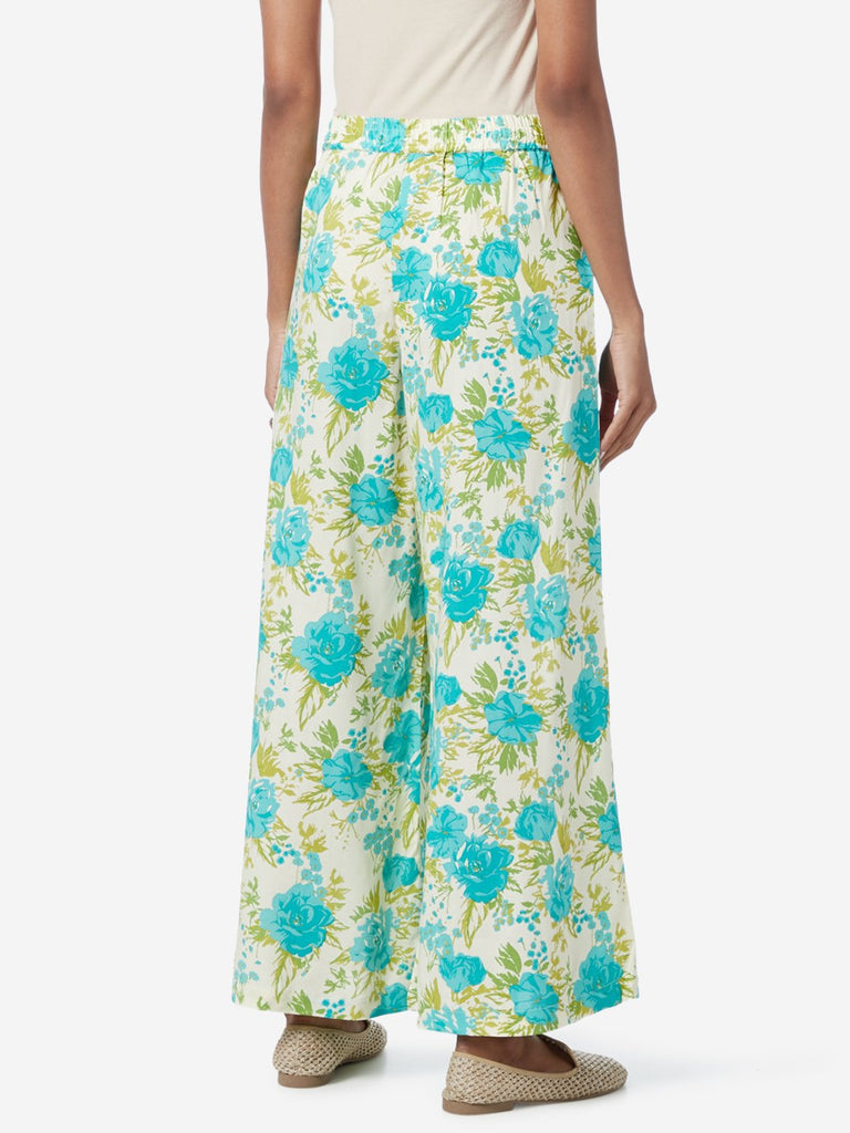 Utsa Turquoise Floral Patterned Palazzos