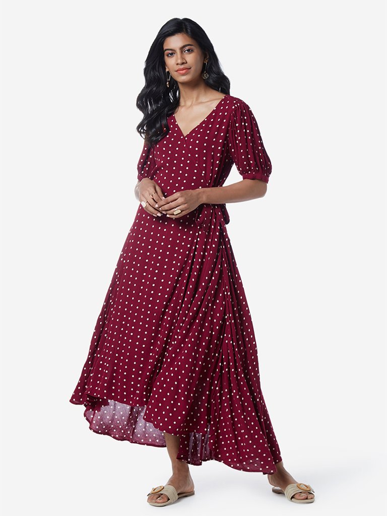 LOV Burgundy Polkadot Patterned Bernie Dress