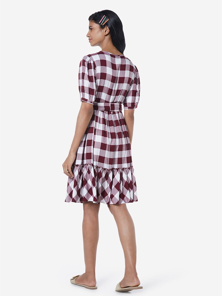 LOV Maroon Checkered Karen Dress With Belt