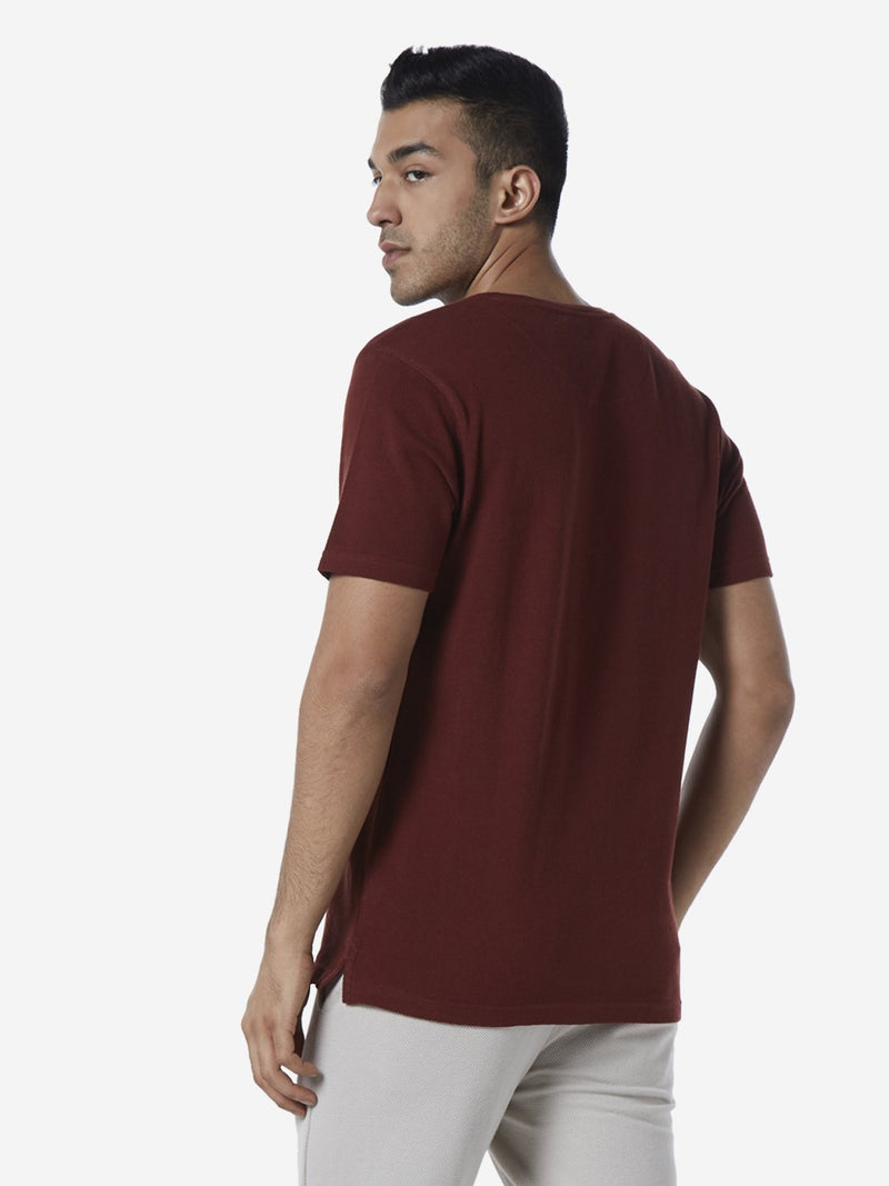ETA Maroon Slim Fit Self-Textured T-Shirt