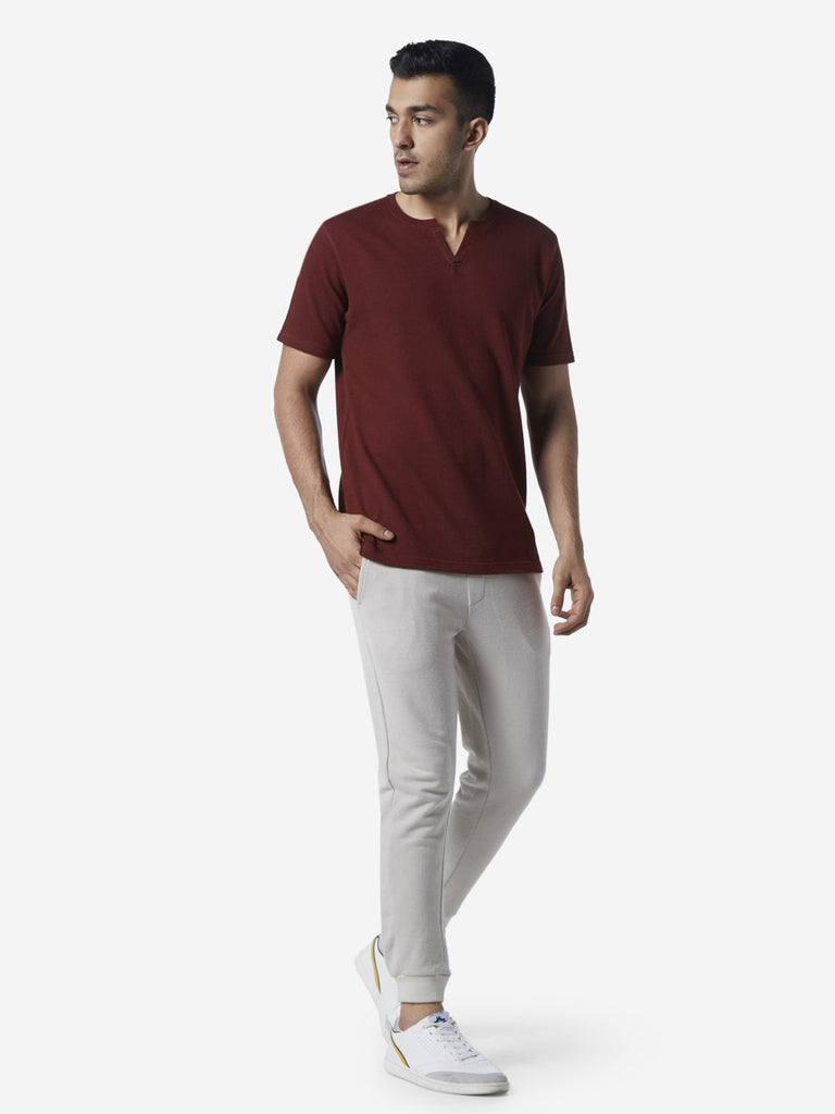 ETA Maroon Slim Fit Self-Textured T-Shirt