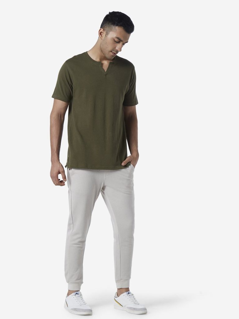 ETA Olive Slim Fit Self-Textured T-Shirt