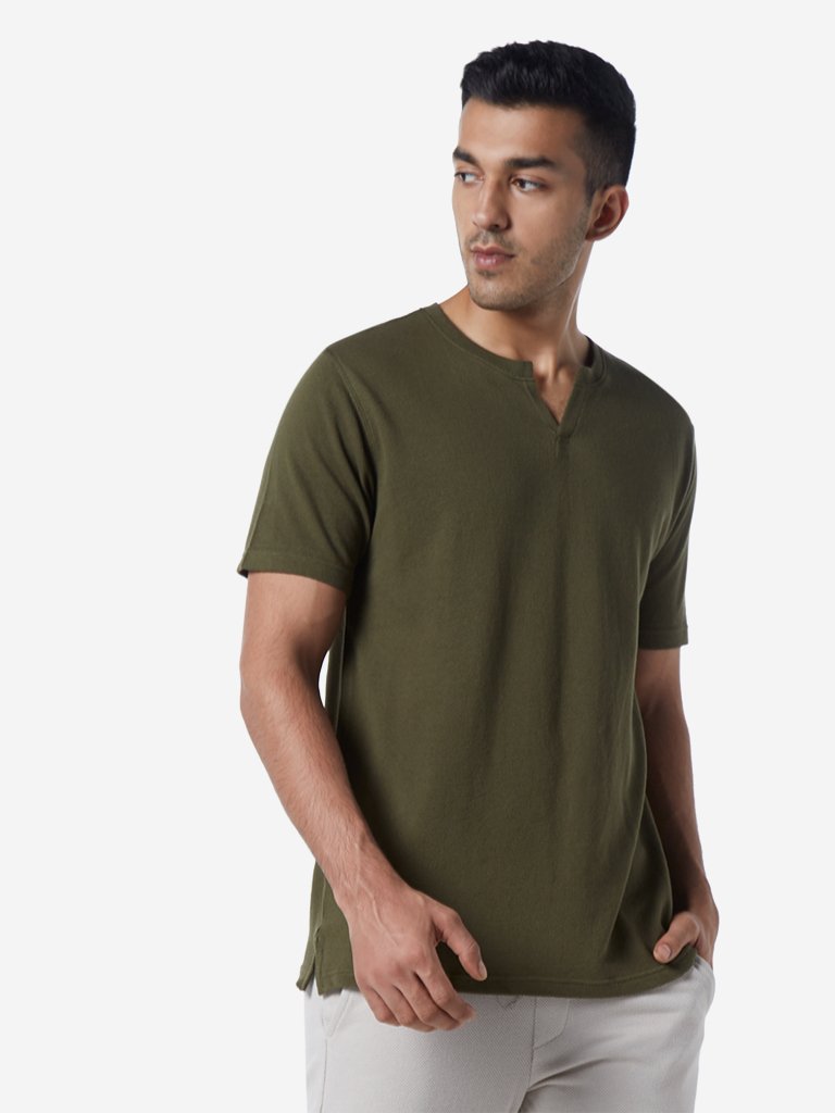 ETA Olive Slim Fit Self-Textured T-Shirt